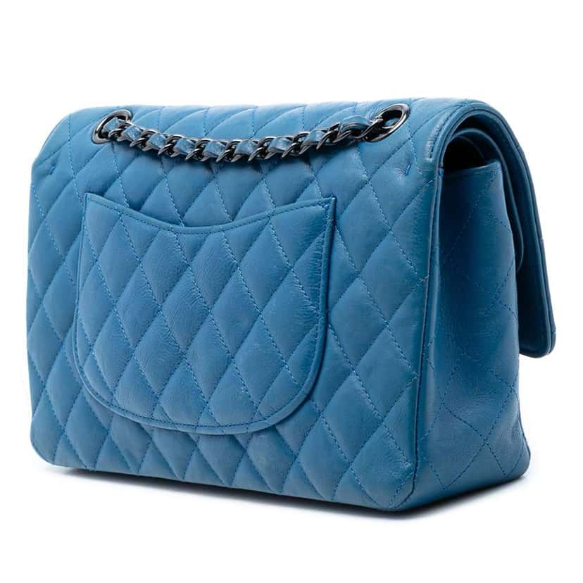 Chanel Medium Classic Calfskin Double Flap Blue Leather Very good condition - Back View