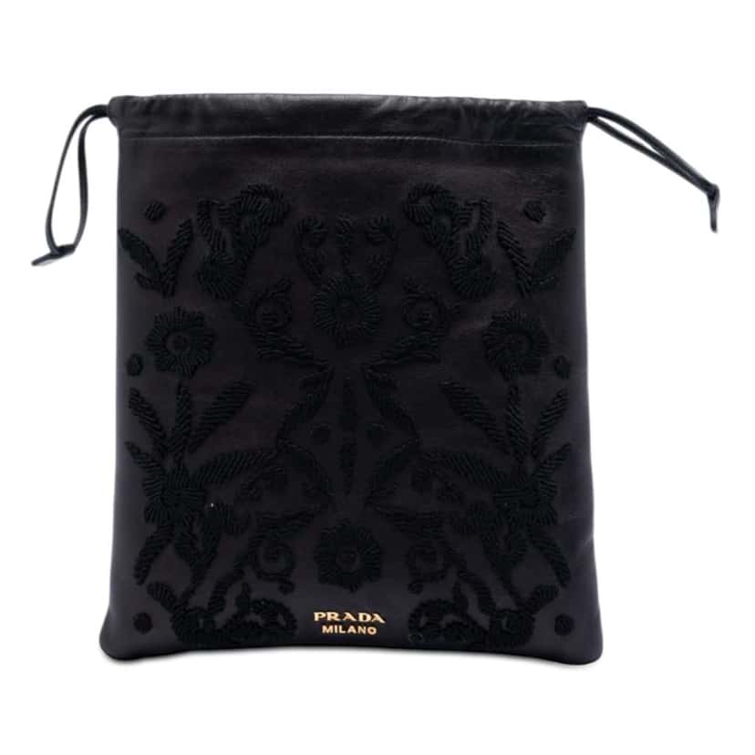 Prada Embroidered Leather Drawstring Pouch Black Leather Very good condition - Front View