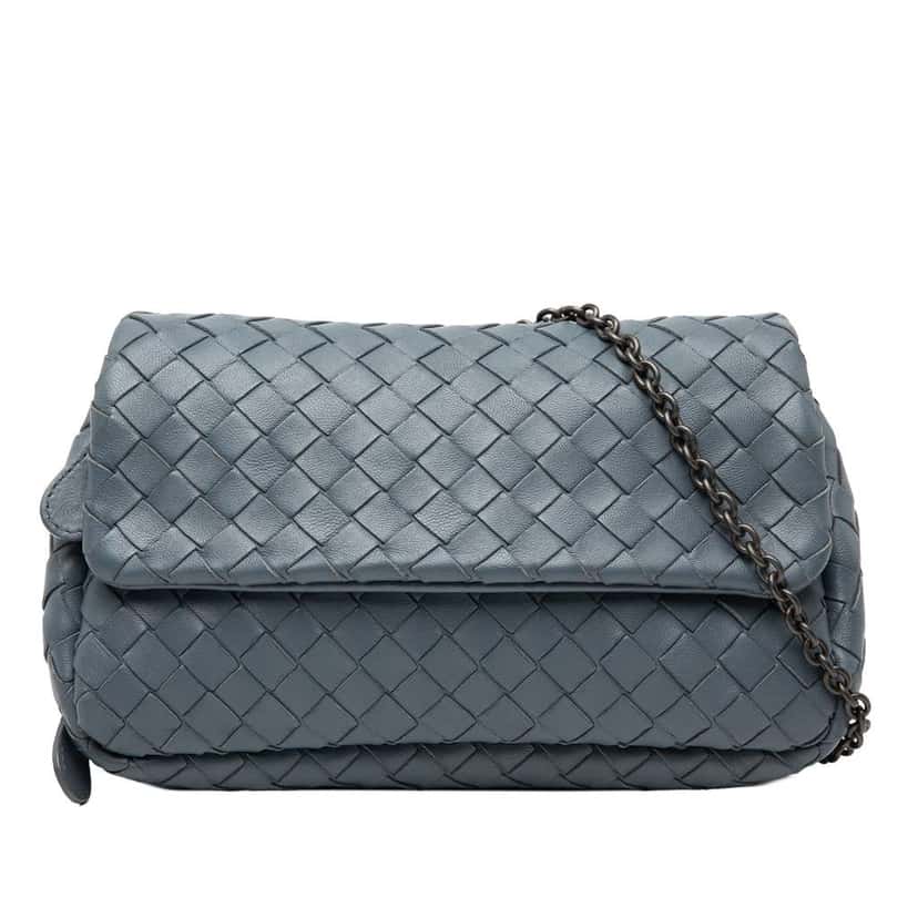 Bottega Veneta Mini Nappa Intrecciato Expandable Chain Flap Crossbody Blue Leather Very good condition - Front View