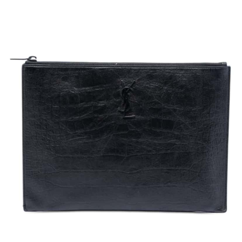 Saint Laurent Croc Embossed Leather Monogram Document Holder Black Leather Very good condition - Front View
