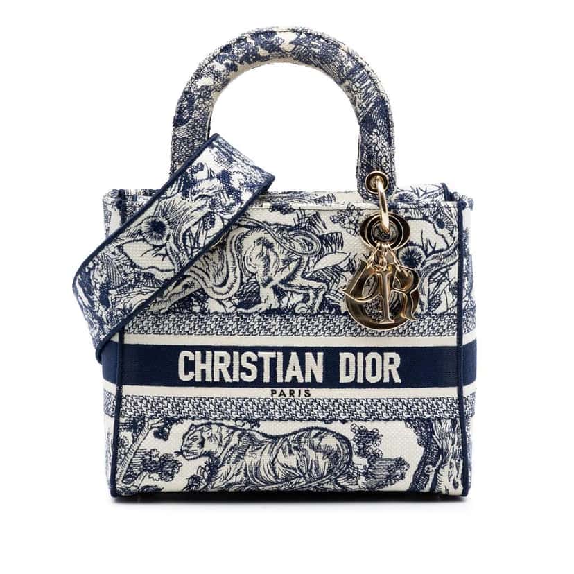 Dior Medium Embroidered Canvas Toile de Jouy Lady D Lite Blue Canvas Very good condition - Front View