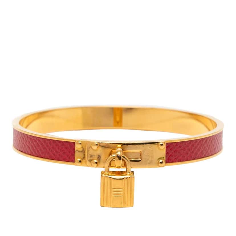 Hermès Gold Plated Epsom Kelly Cadena Lock Bangle Bracelet Red Leather Very good condition - Front View