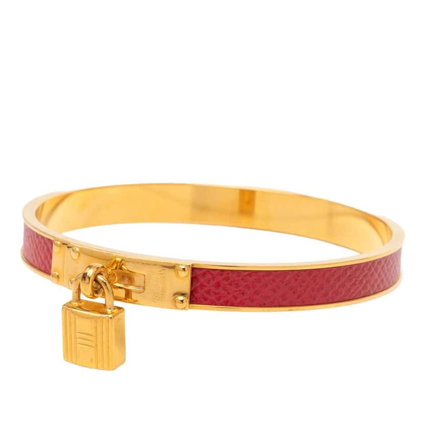 Hermès Gold Plated Epsom Kelly Cadena Lock Bangle Bracelet Red Leather Very good condition - Back View