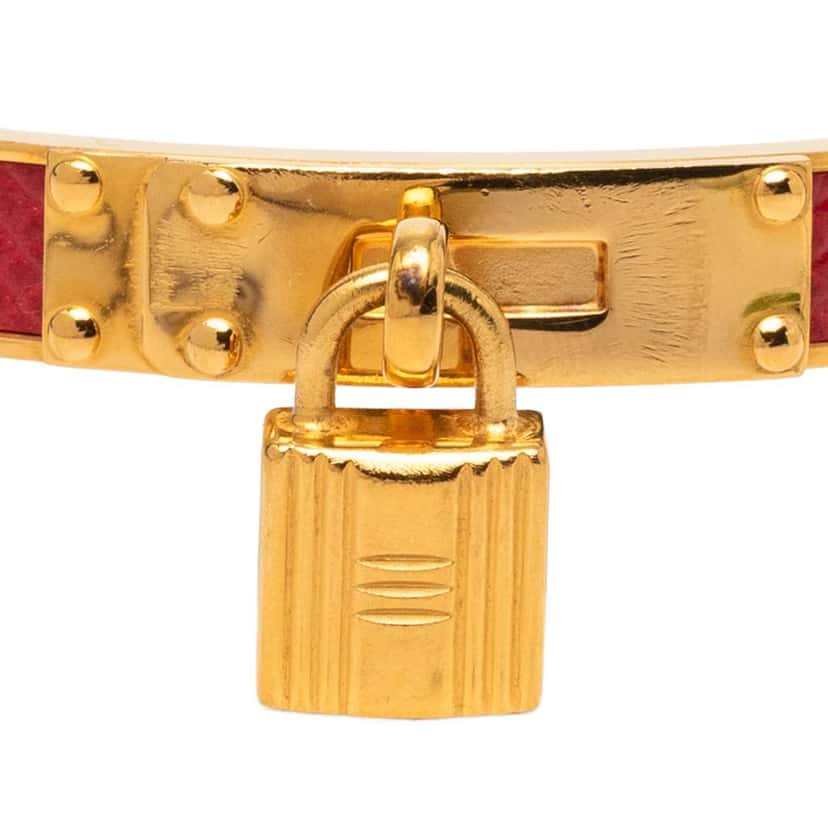 Hermès Gold Plated Epsom Kelly Cadena Lock Bangle Bracelet Red Leather Very good condition - Model View