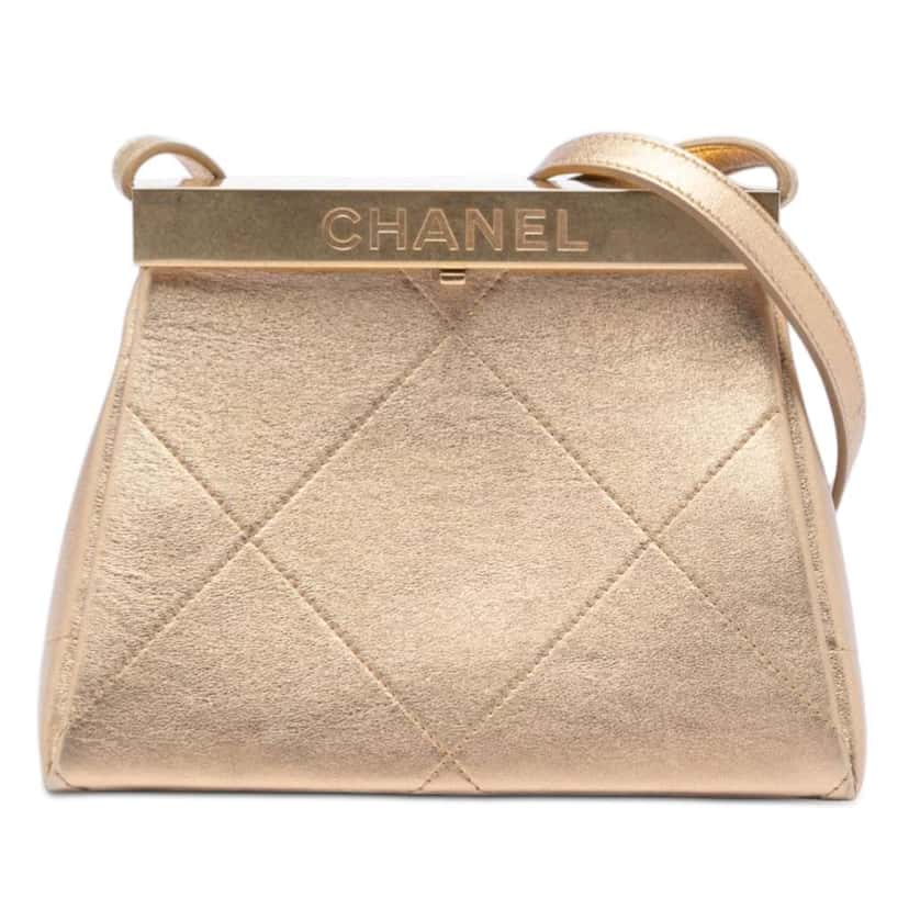 Chanel Small Calfskin Kiss Lock Frame Bag Gold Leather Very good condition - Front View