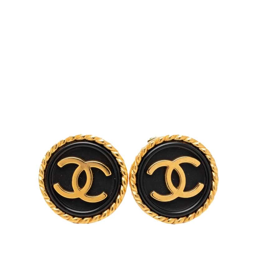 Chanel CC Gold Plated Resin Button Clip on Earrings Gold Metal Very good condition - Front View