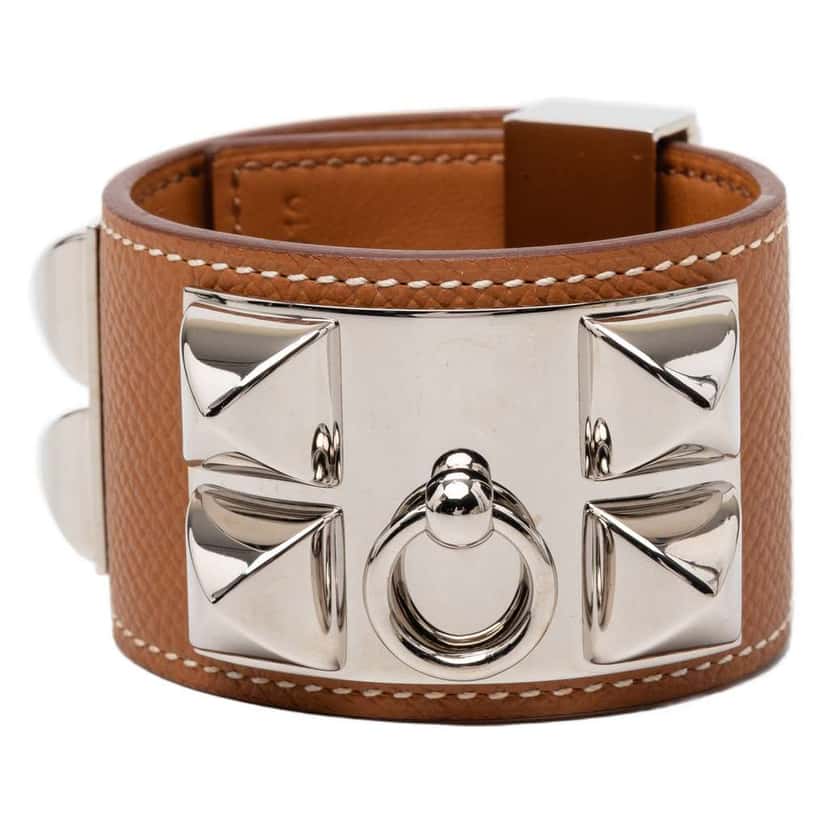 Hermès Palladium Plated Epsom Collier de Chien Bracelet T1 Brown Leather Very good condition - Front View