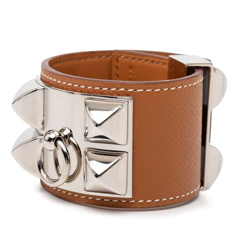 Hermès Palladium Plated Epsom Collier de Chien Bracelet T1 Brown Leather Very good condition - Back View
