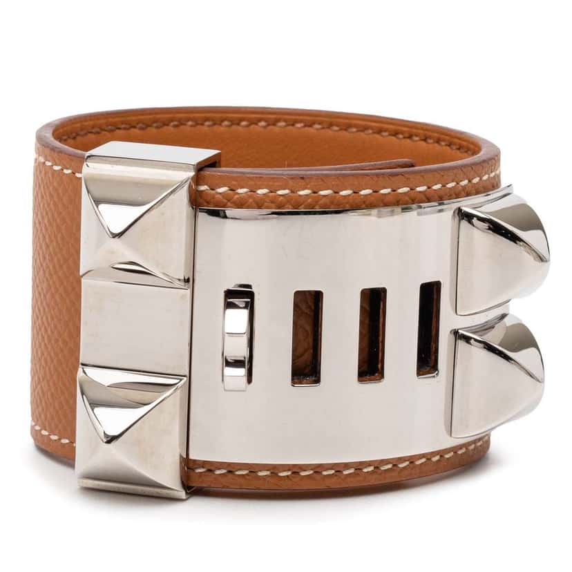 Hermès Palladium Plated Epsom Collier de Chien Bracelet T1 Brown Leather Very good condition - Inside View