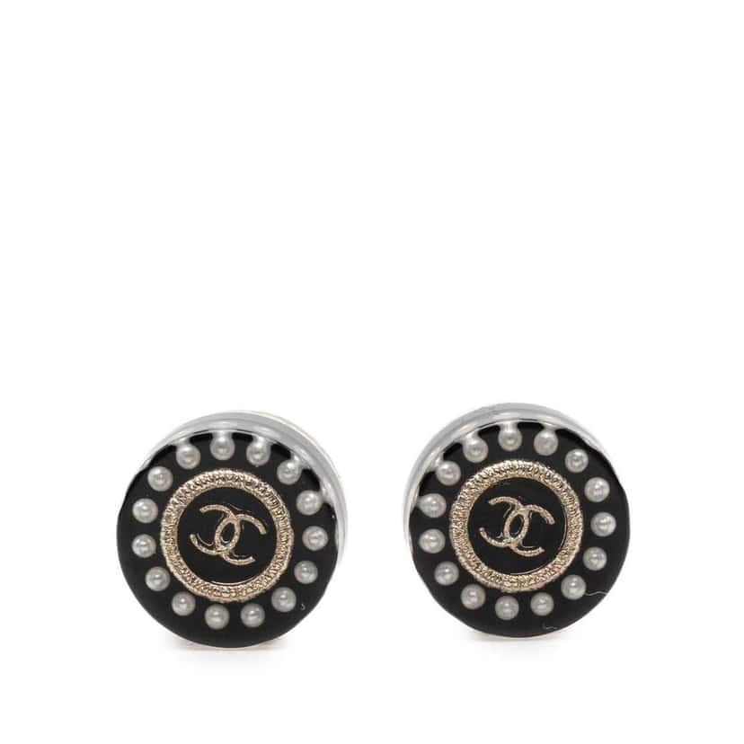 Chanel Resin Faux Pearl CC Round Push Back Earrings Black Very good condition - Front View