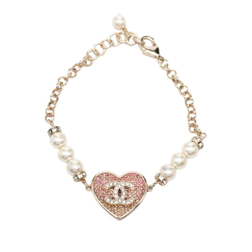 Chanel CC Gold Plated Resin Crystal Faux Pearl Chain Heart Bracelet Gold Metal Very good condition - Front View