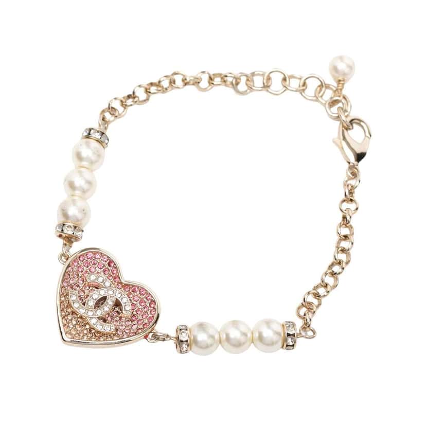 Chanel CC Gold Plated Resin Crystal Faux Pearl Chain Heart Bracelet Gold Metal Very good condition - Back View