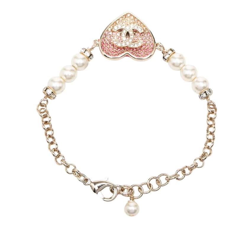 Chanel CC Gold Plated Resin Crystal Faux Pearl Chain Heart Bracelet Gold Metal Very good condition - Inside View