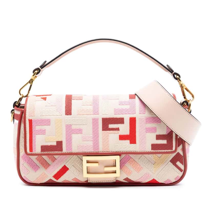Fendi Zucca Embroidered Canvas Baguette Satchel Pink Canvas Very good condition - Front View