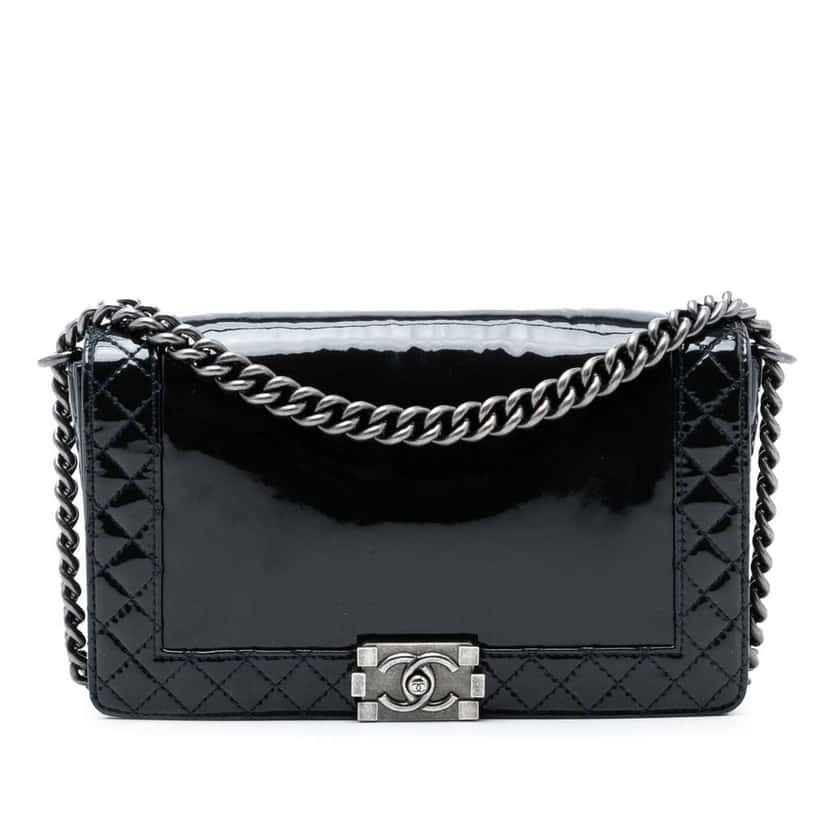 Chanel Medium Patent Boy Reverso Flap Black Leather Very good condition - Front View