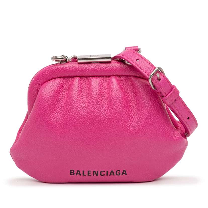 Balenciaga Mini Grained Calfskin Cloud Coin Purse On Strap Pink Leather Very good condition - Front View