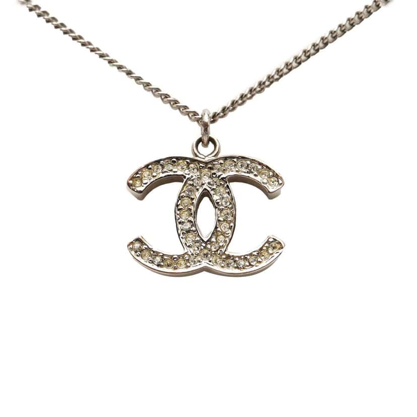 Chanel CC Silver Plated Rhinestone Pendant Necklace Silver Metal Very good condition - Front View