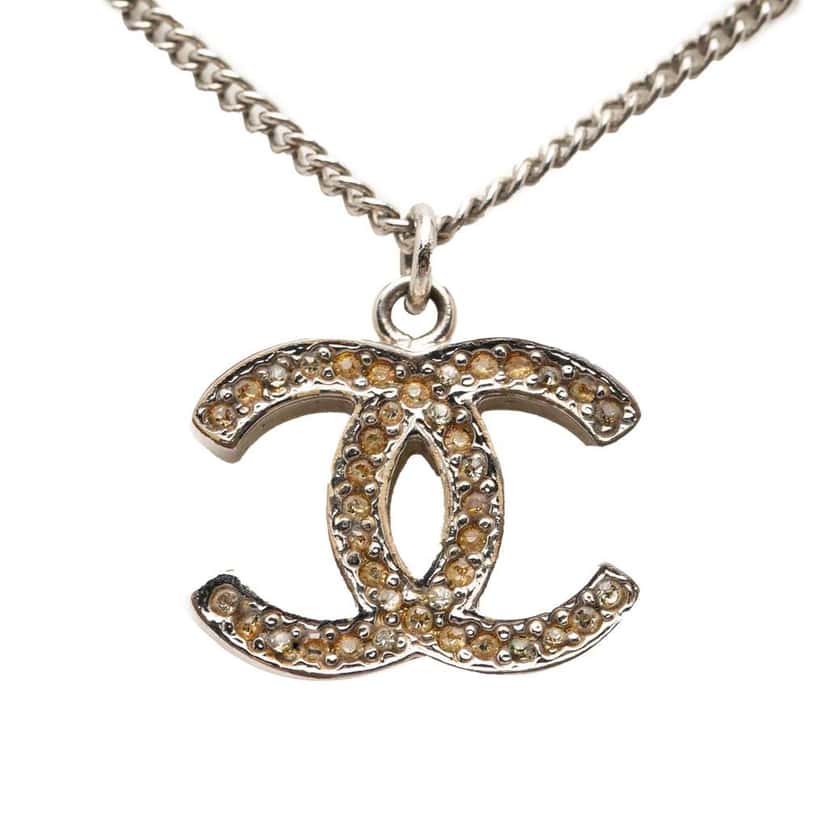 Chanel CC Silver Plated Rhinestone Pendant Necklace Silver Metal Very good condition - Back View
