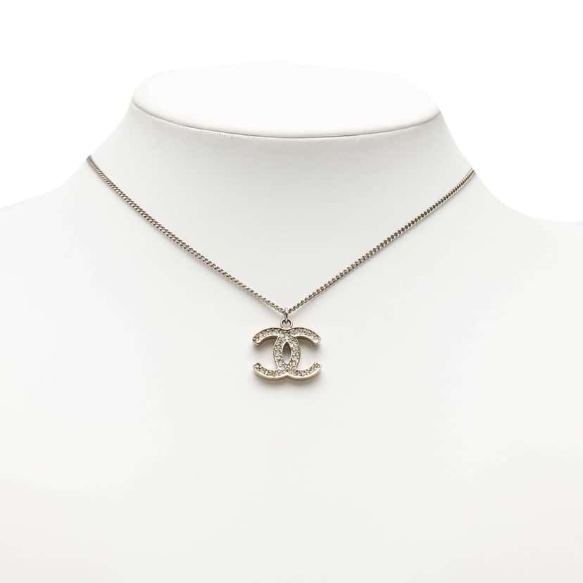 Chanel CC Silver Plated Rhinestone Pendant Necklace Silver Metal Very good condition - Box View