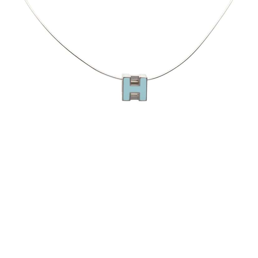 Hermès Palladium Plated Enamel Cage D H Pendant Necklace Silver Metal Very good condition - Front View