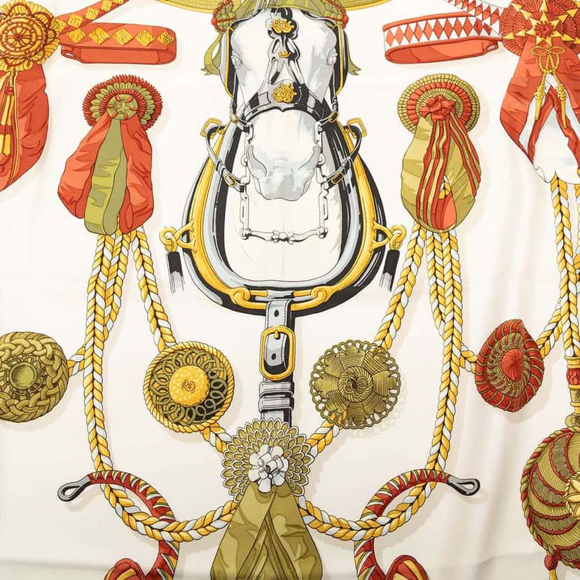 Hermès Frontaux et Cocardes Silk Scarf 90 White Silk Very good condition - Box View
