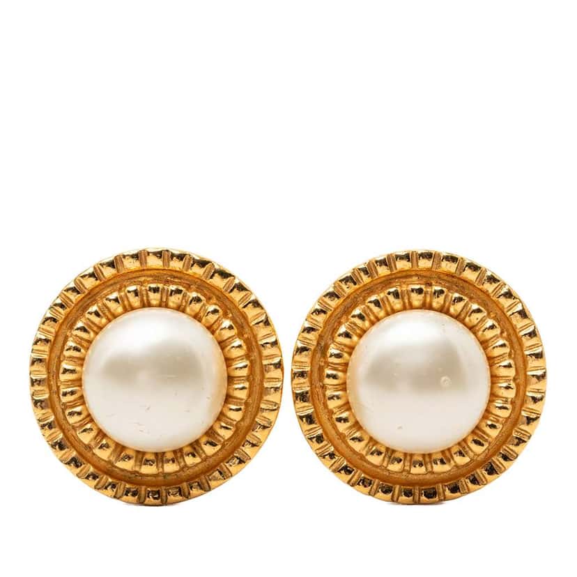 Chanel Gold Plated Faux Pearl Clip On Earrings Gold Metal Very good condition - Front View
