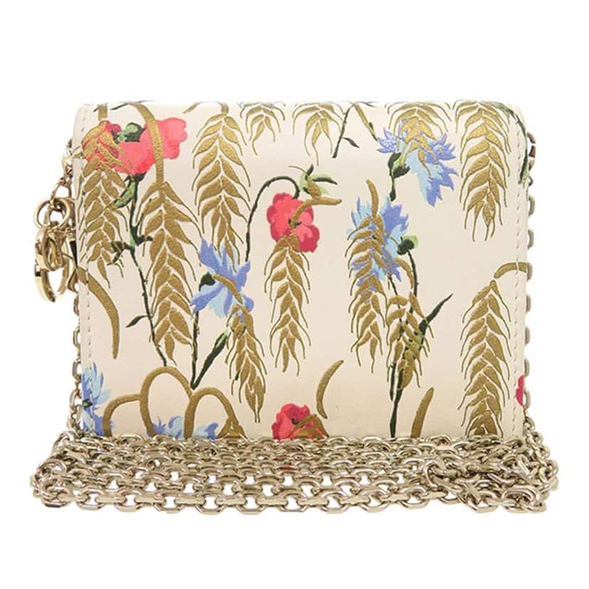Dior Calfskin Hibiscus Card Holder with Chain White Leather Very good condition - Front View