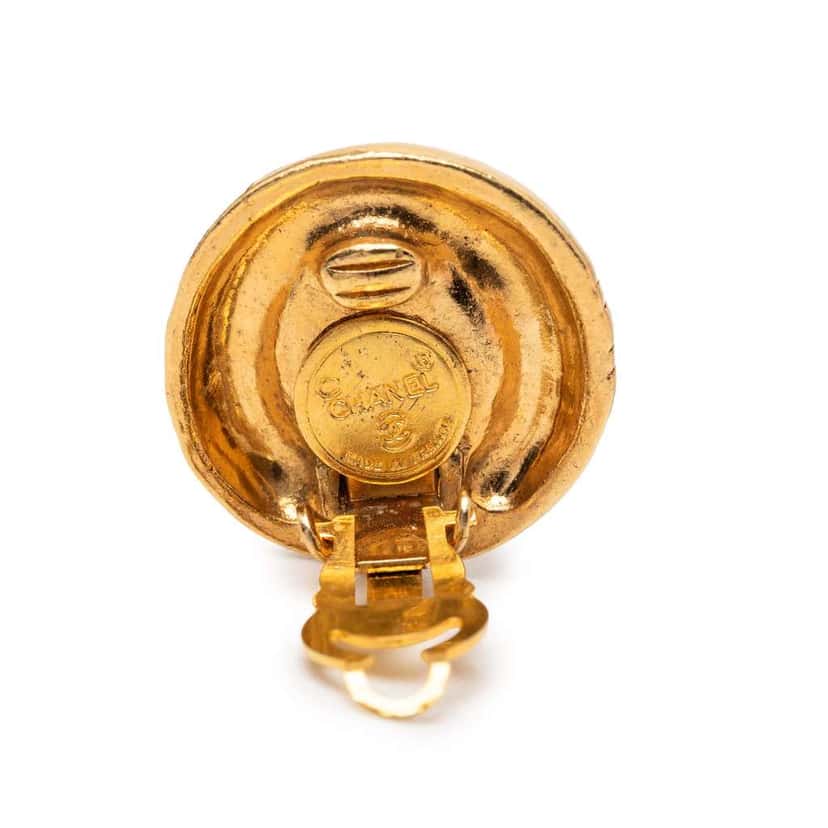 Chanel Gold Plated Crystal Logo Hexagonal Clip On Earrings Gold Metal Very good condition - Inside View