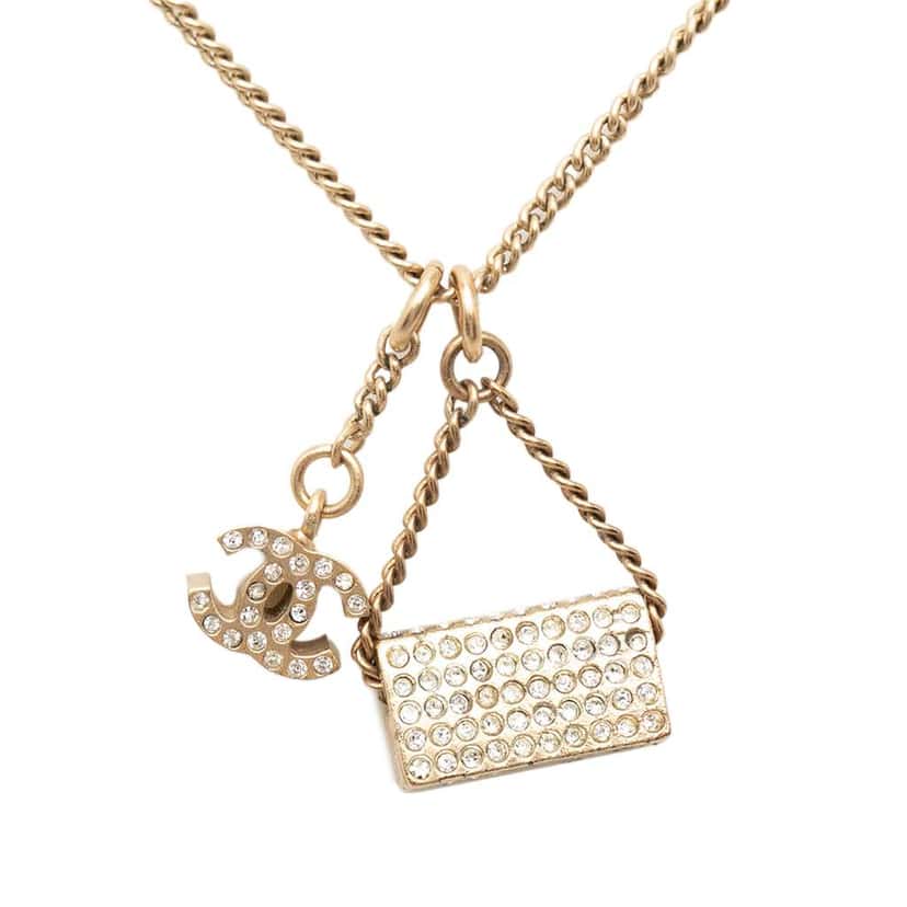 Chanel Gold Plated Rhinestone CC and Flap Bag Pendant Necklace Gold Metal Very good condition - Back View