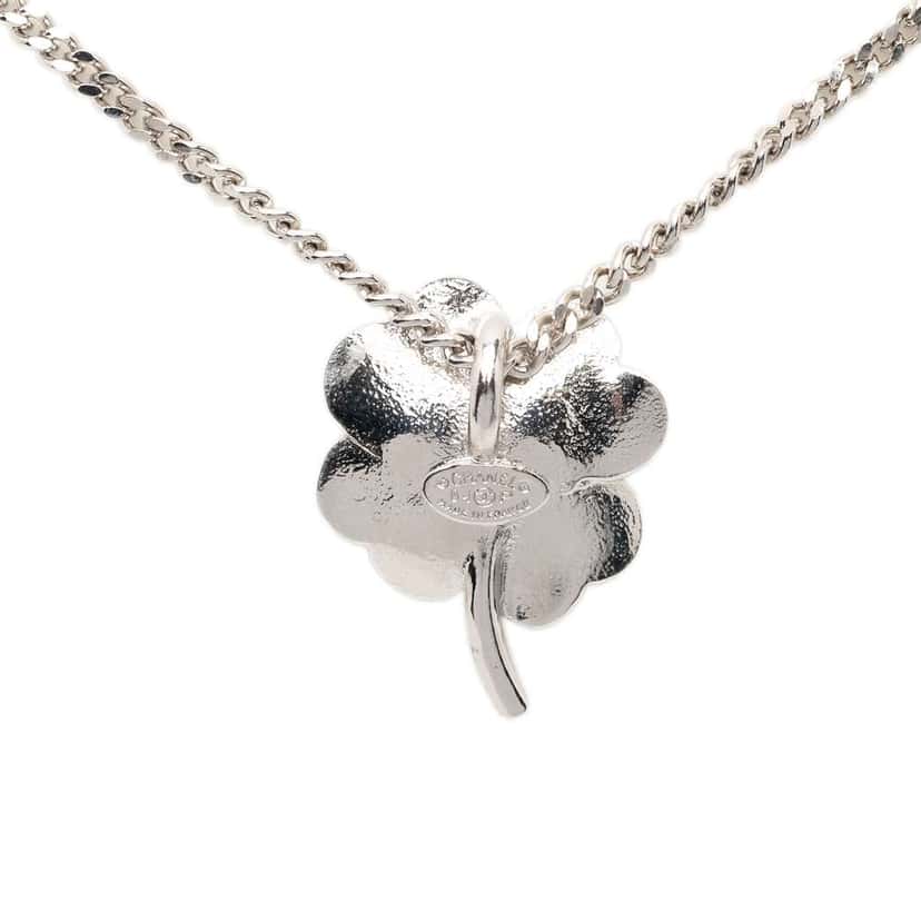 Chanel Silver Plated CC Rhinestone Lacquered Camellia Pendant Necklace Silver Metal Very good condition - Back View