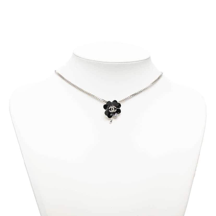 Chanel Silver Plated CC Rhinestone Lacquered Camellia Pendant Necklace Silver Metal Very good condition - Box View