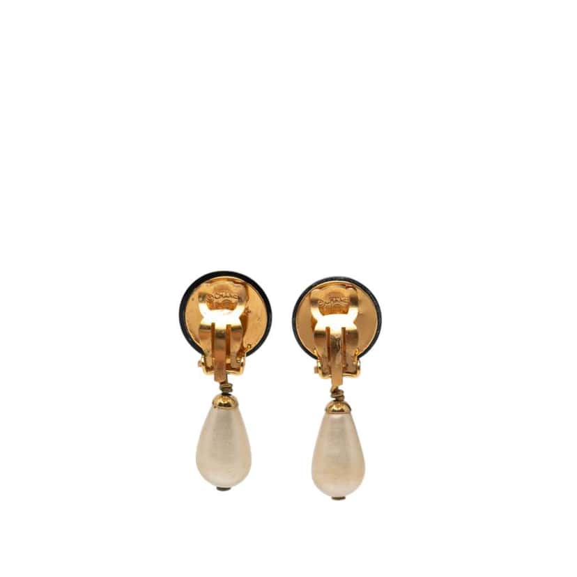 Chanel CC Gold Plated Faux Pearl and Resin Drop Earrings Gold Metal Very good condition - Back View