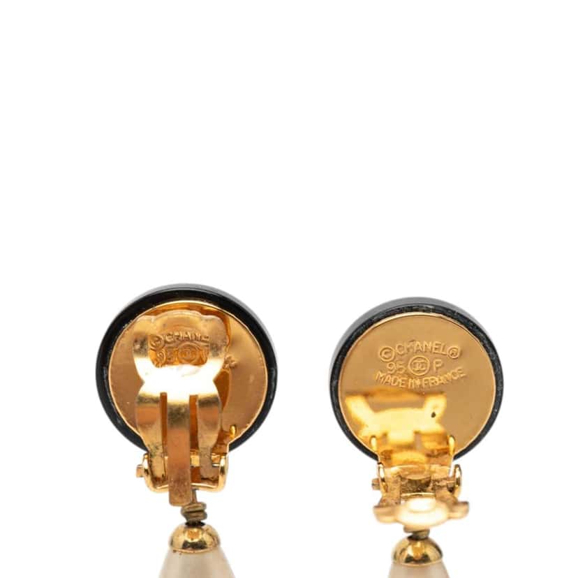 Chanel CC Gold Plated Faux Pearl and Resin Drop Earrings Gold Metal Very good condition - Inside View