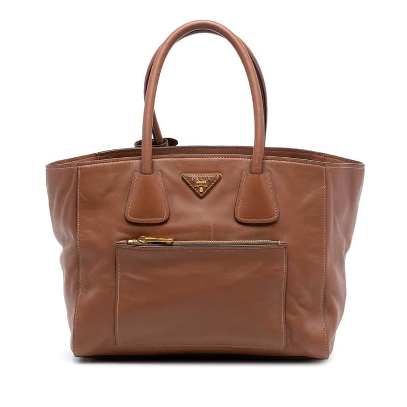 Prada Soft Calf Front Pocket Open Convertible Tote Brown Leather Very good condition - Front View