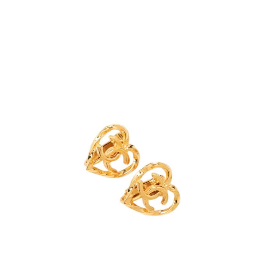 Chanel Gold Plated CC Heart Clip On Earrings Gold Metal Very good condition - Front View