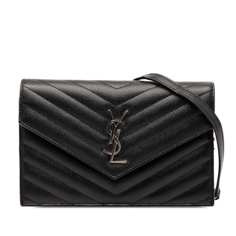 Saint Laurent Grain De Poudre Cassandre Envelope Chain Wallet Black Leather Very good condition - Front View
