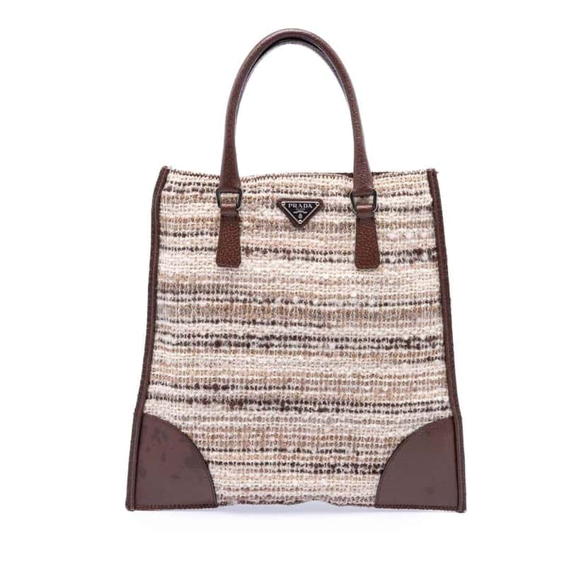 Prada Vitello Trimmed Tweed Flat Tote Beige Tweed Very good condition - Front View