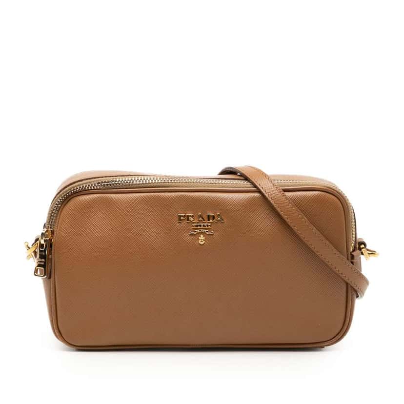 Prada Mini Saffiano Double Zip Crossbody Brown Leather Very good condition - Front View