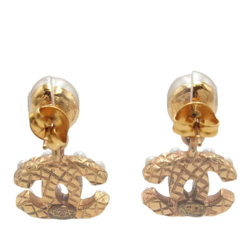 Chanel CC Gold Plated Faux Pearl Drop Push Back Earrings Gold Metal Very good condition - Back View