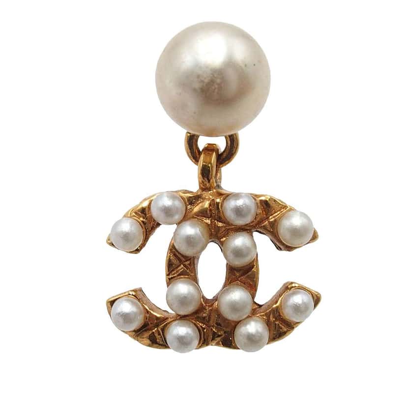 Chanel CC Gold Plated Faux Pearl Drop Push Back Earrings Gold Metal Very good condition - Inside View