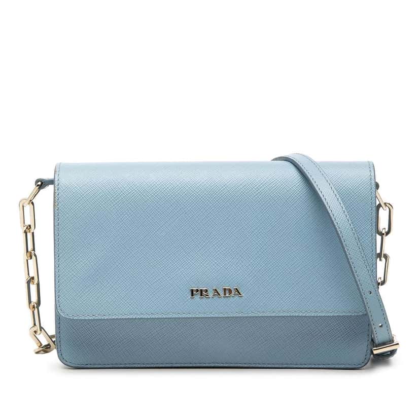 Prada Saffiano Lux Wallet On Chain Blue Leather Very good condition - Front View