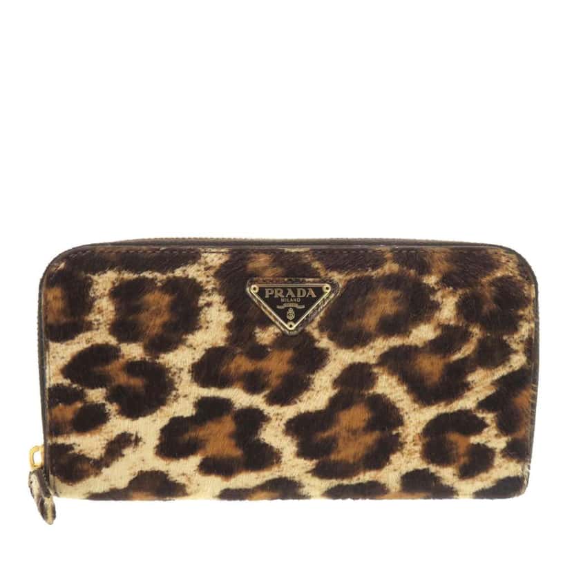 Prada Pony Hair Leopard Print Zip Around Wallet Beige Very good condition - Front View