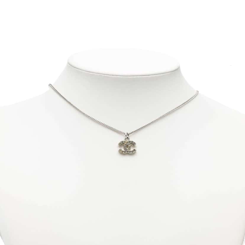 Chanel CC Silver Plated Rhinestones Pendant Necklace Silver Metal Very good condition - Box View