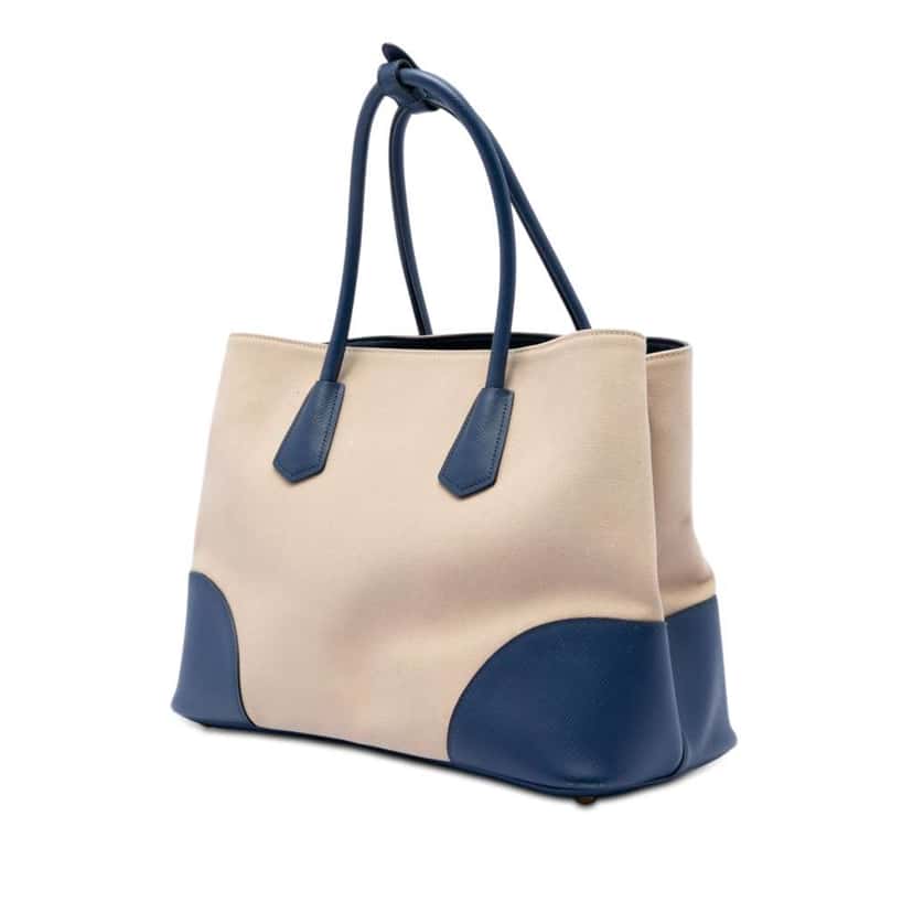 Prada Large Canapa and Saffiano Double Satchel Beige Canvas Very good condition - Back View