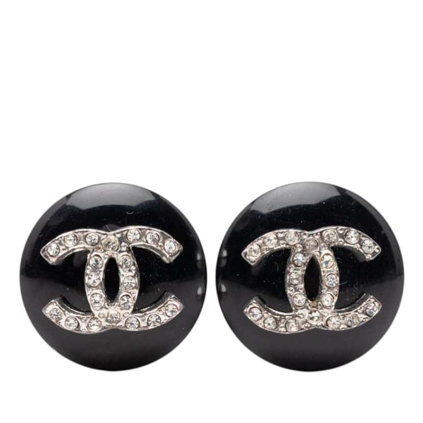 Chanel Resin CC Rhinestones Round Clip On Earrings Black Very good condition - Front View