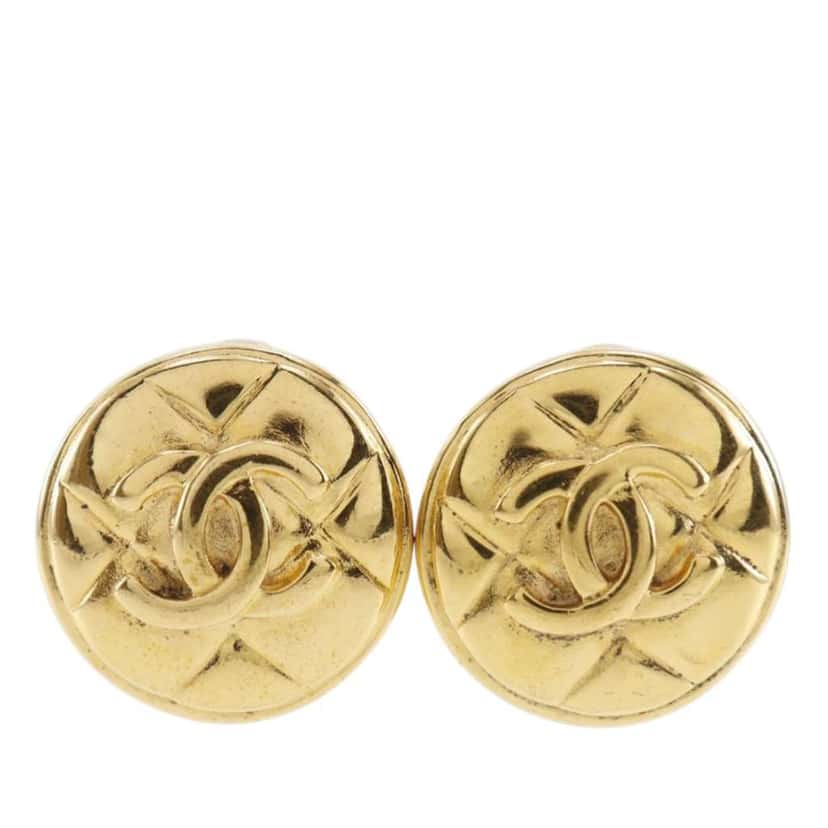 Chanel CC Quilted Gold Plated Round Clip On Earrings Gold Metal Very good condition - Front View