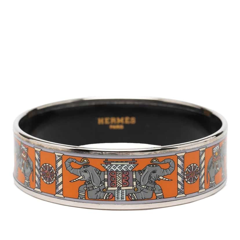 Hermès Wide Torana Elephants Enamel Bangle 65 Orange Very good condition - Front View