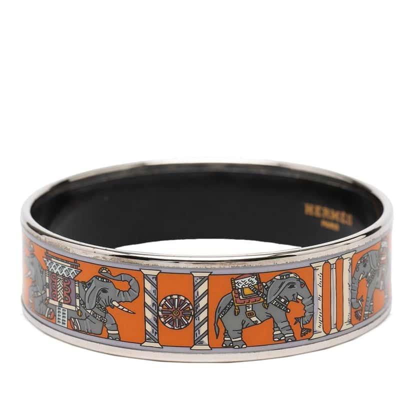 Hermès Wide Torana Elephants Enamel Bangle 65 Orange Very good condition - Back View