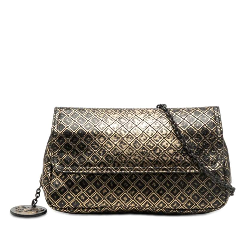 Bottega Veneta Metallic Calfskin Intrecciomirage Chain Flap Crossbody Gold Leather Very good condition - Front View