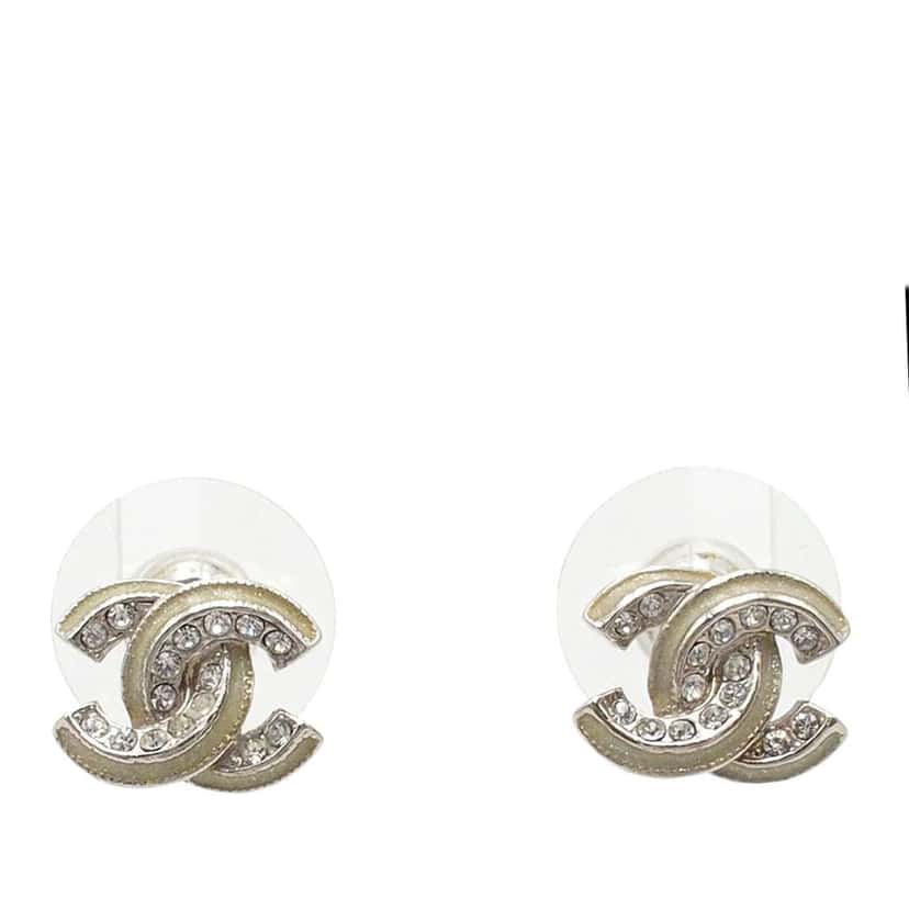 Chanel CC Plated Brass Strass Push Back Earrings Silver Brass Very good condition - Front View